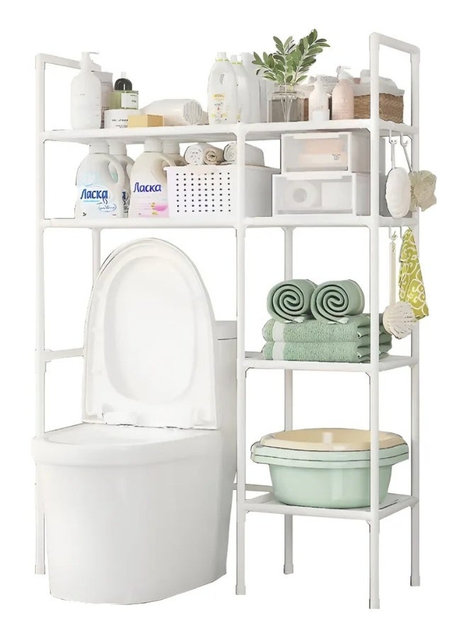 Happy Home Multi-Purpose 2-Tier 2-Row Bathroom Storage Rack Side Shelves and Hooks for Towels and Cleaning Supplies – Rust and Moisture Resistant Steel and PP – Lightweight Modern Organizer 81×25×138 cm - Image 1